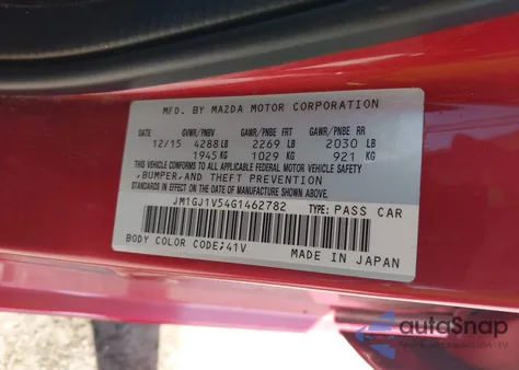 2016 Mazda Mazda6 I Touring z USA, uszkodzony, nr VIN JM1GJ1V54G1462782